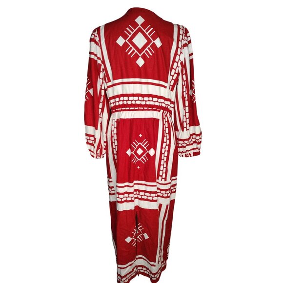 Caroline Constas Medium Maxi Dress, Red White Abstract Tribal, Tie Front Cut Out - Picture 3 of 5